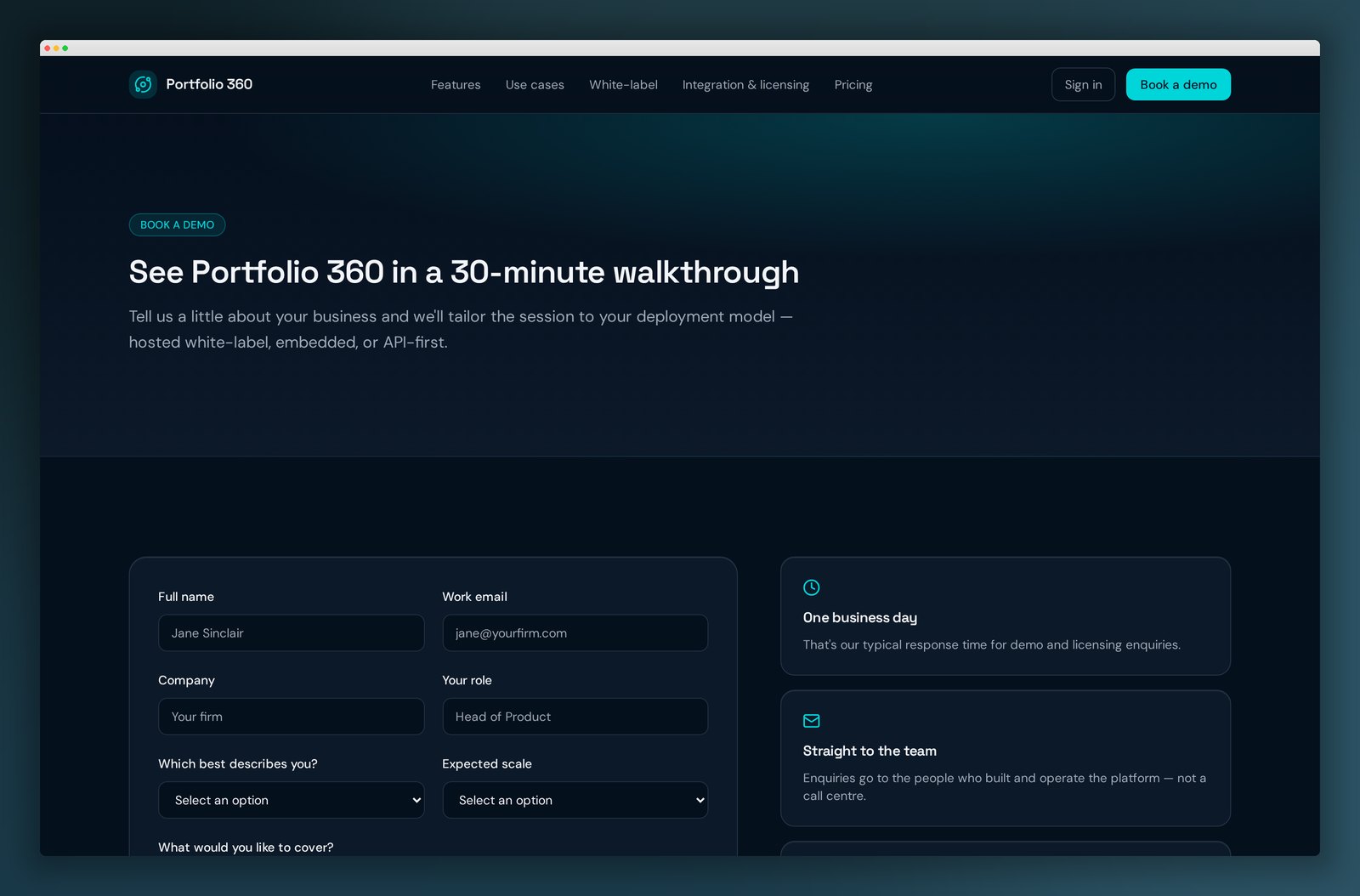 Contact page with the licensing demo request form