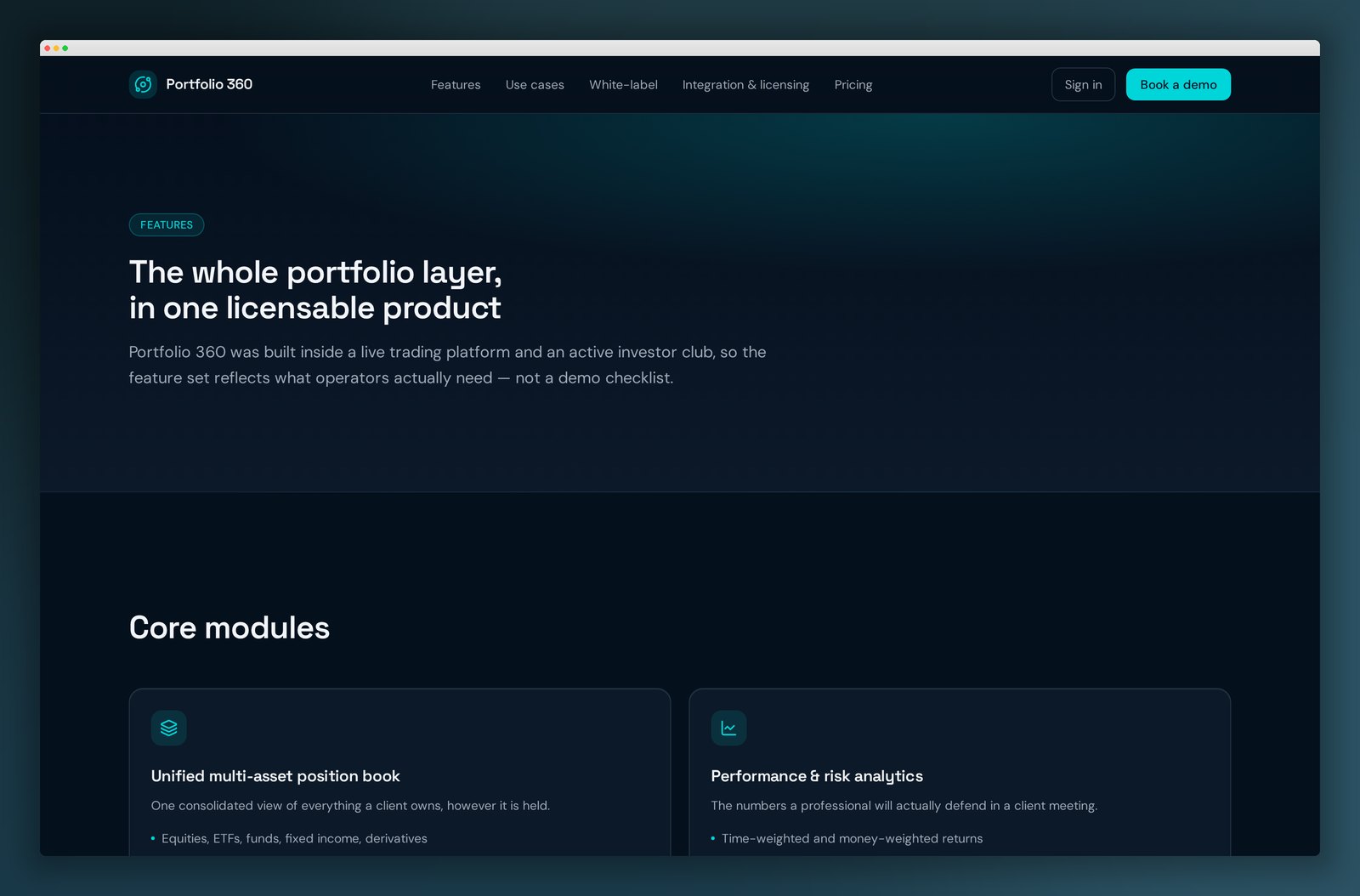 Portfolio 360 features page showing analytics and reporting modules
