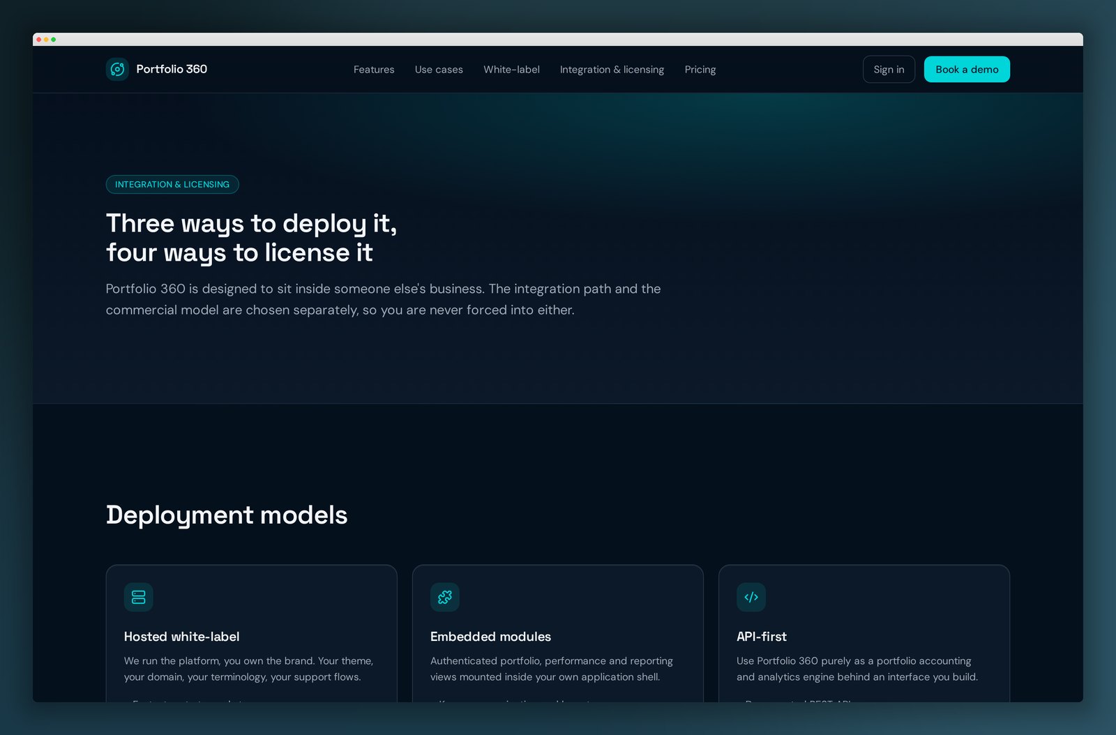 Integration and licensing page showing deployment options
