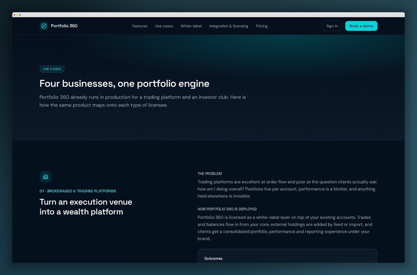 Use cases page showing outcomes by client segment