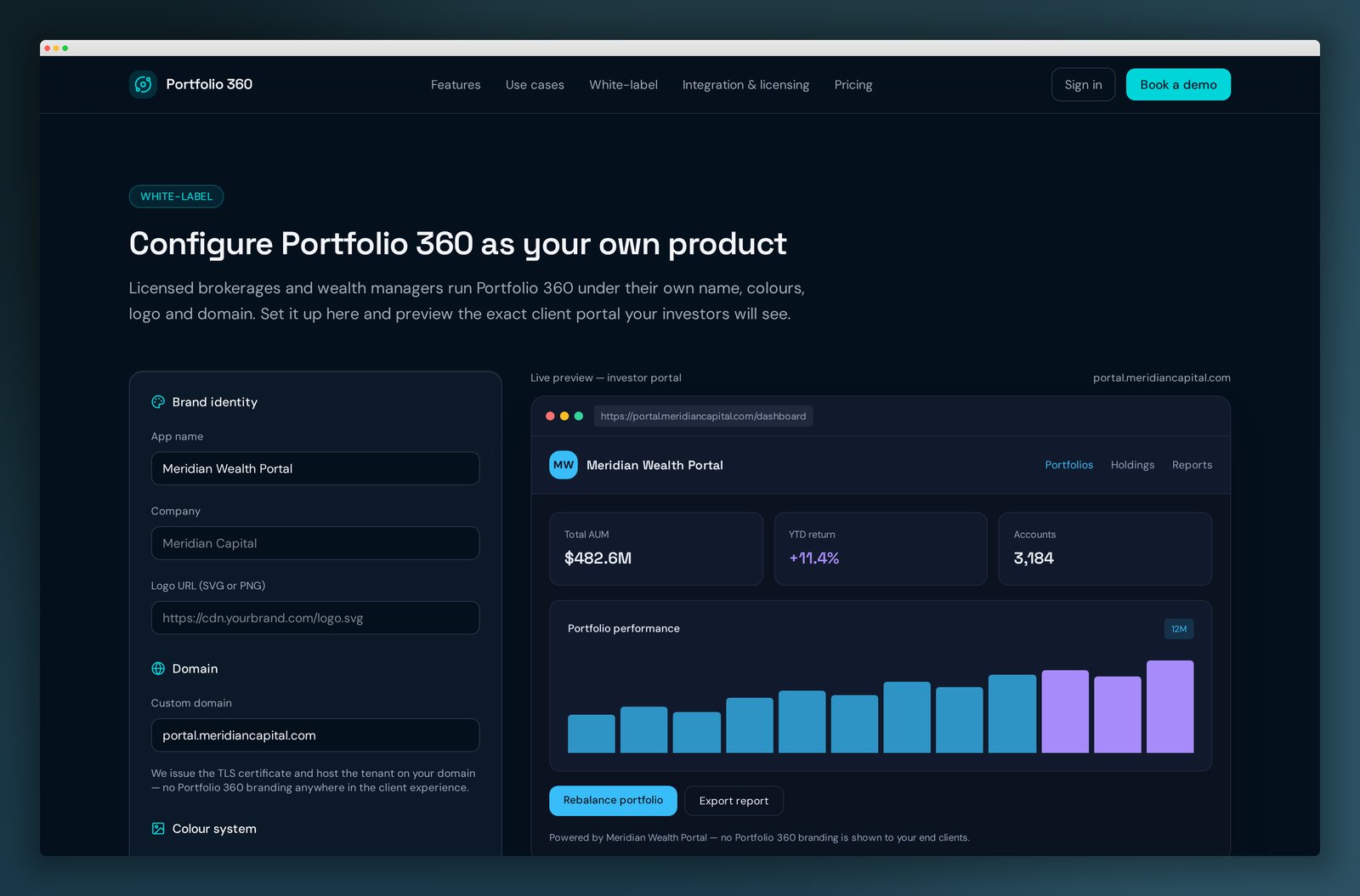 White-label configurator with live branded investor portal preview
